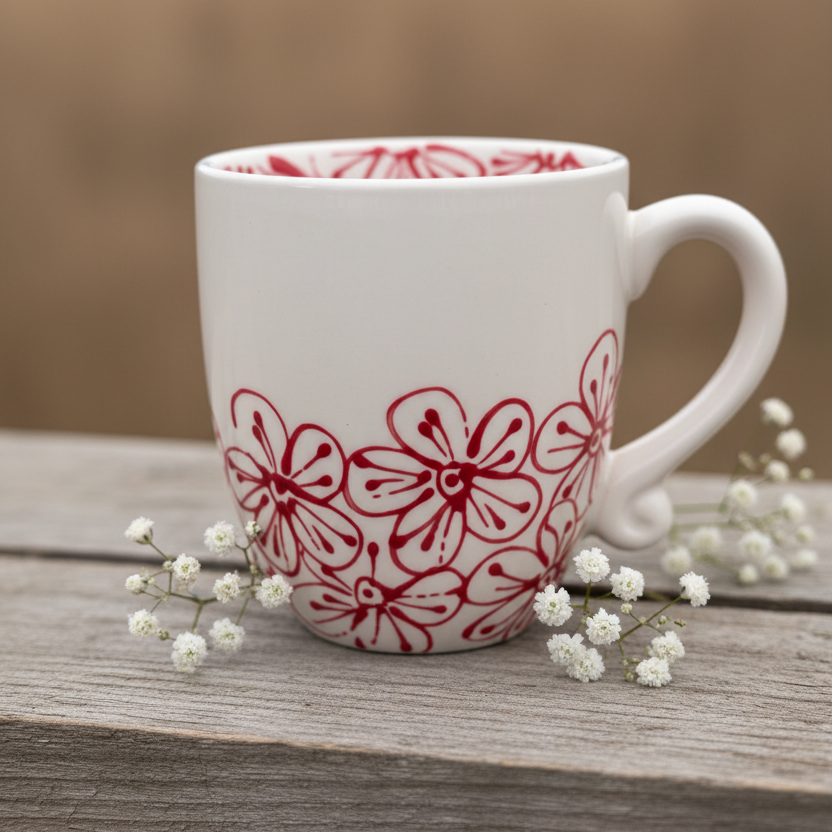 A white ceramic mug with a red floral pattern, resting on a weathered wooden surface with small white baby's breath flowers around it, against a blurred warm brown background.