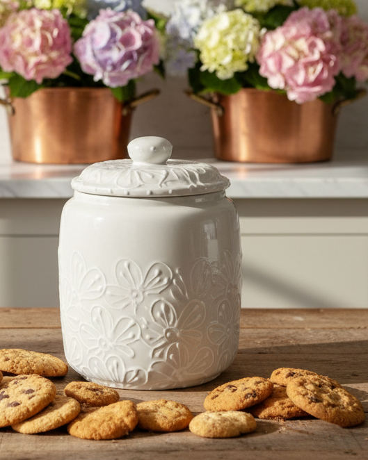 A white ceramic cookie jar with embossed floral patterns and a matching lid, styled on a wooden surface with cookies in front and pink hydrangeas in copper pots in the background.