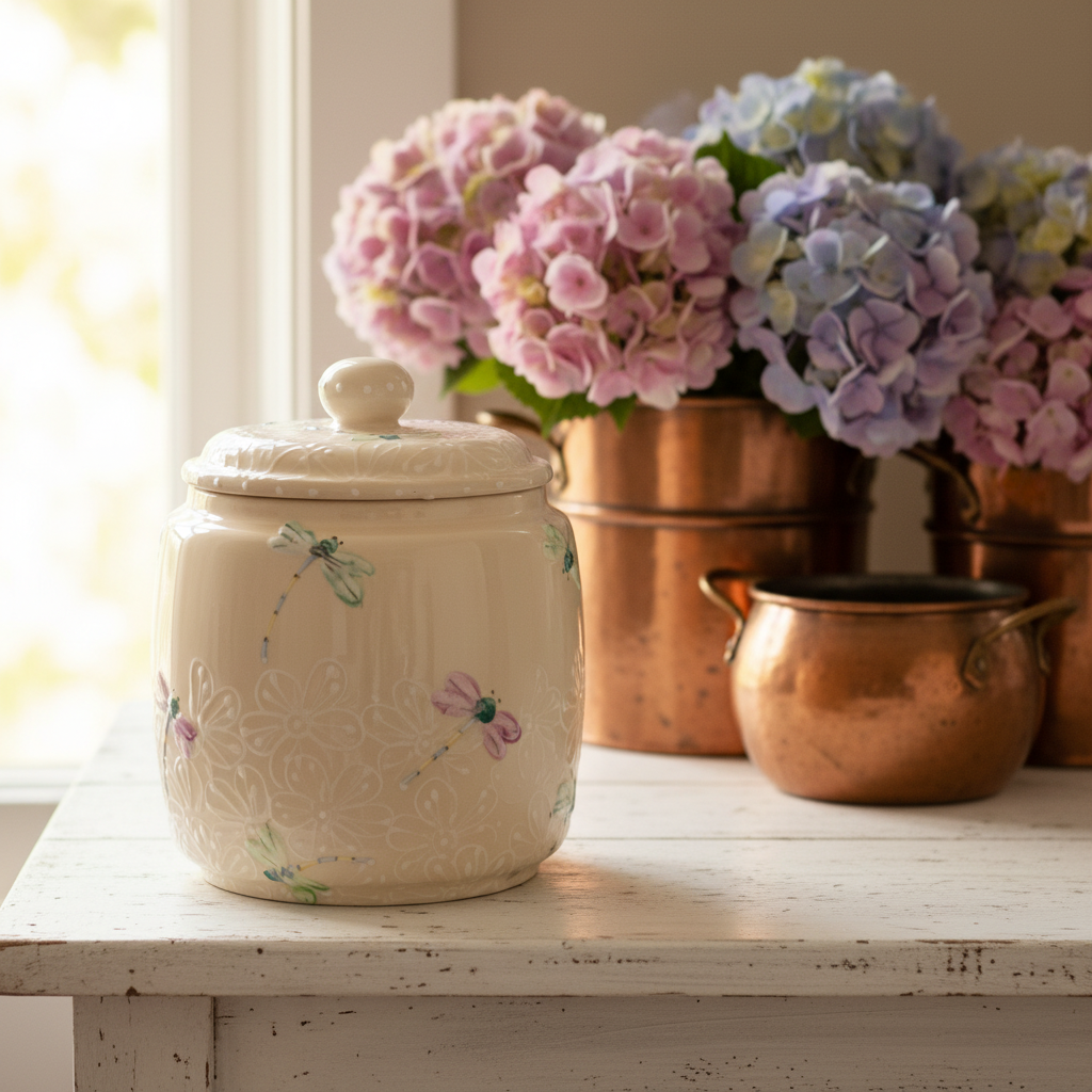 A cream-colored ceramic jar with a matching lid, decorated with embossed floral patterns and painted dragonflies, sitting on a white wooden table next to copper pots and pink hydrangeas.