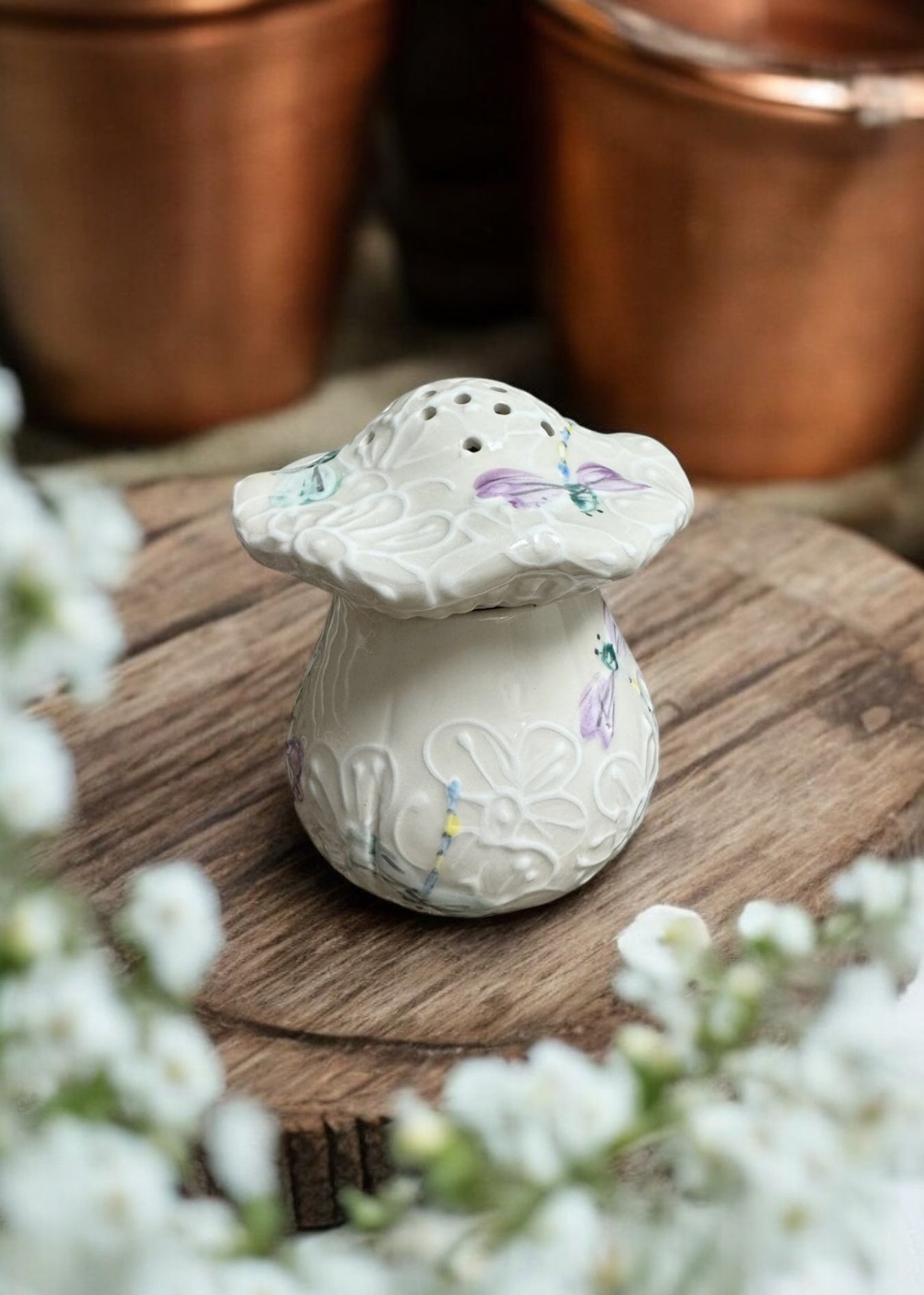 White Dragonfly Mushroom ceramic fruit fly trap