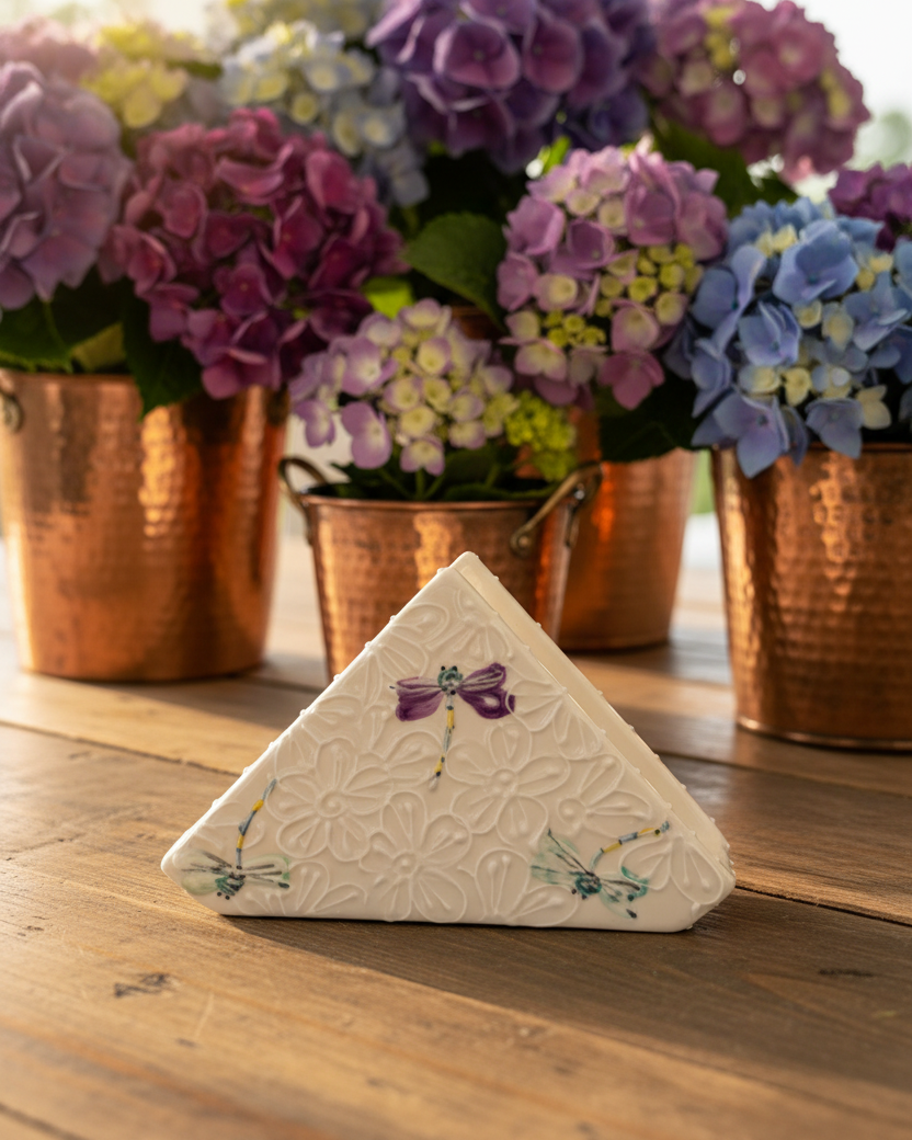 A triangular white ceramic napkin holder with embossed floral patterns and small colorful dragonfly designs, displayed on a wooden table in front of copper planters filled with purple, blue, and lavender hydrangeas.