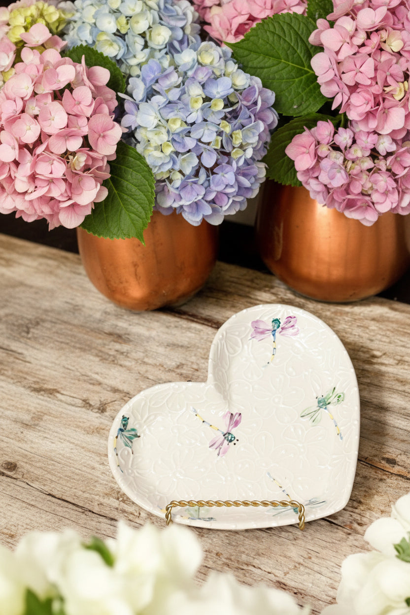 White Dragonfly heart ceramic plate
