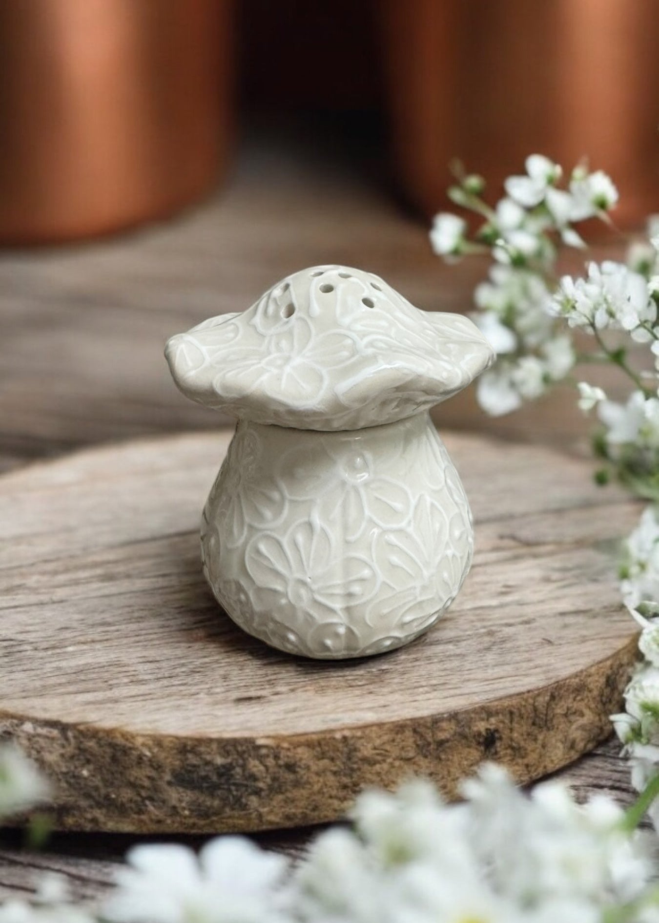 White Floral Painted Mushroom ceramic fruit fly trap
