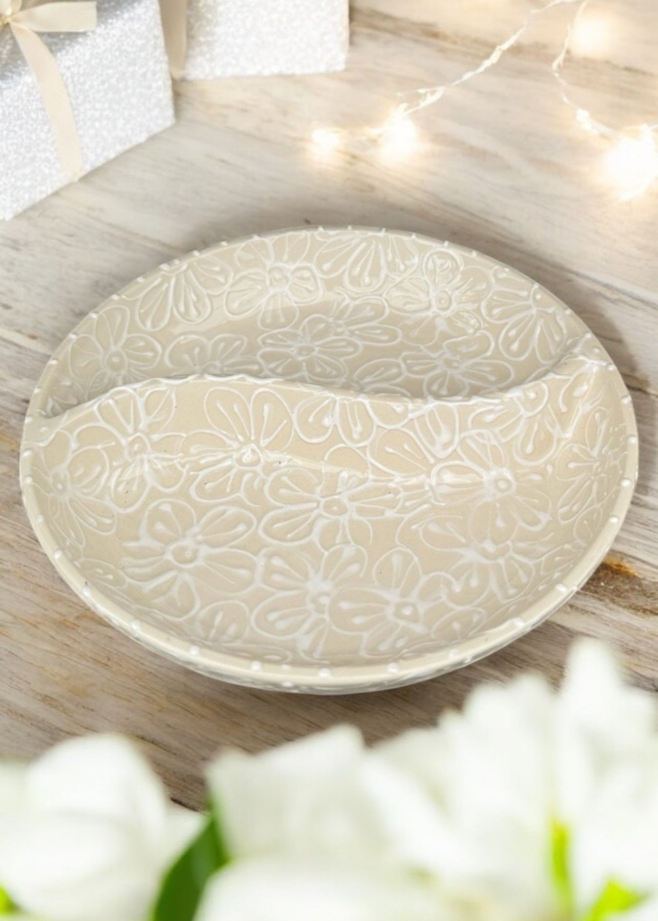 White Floral Wedding Gift Divided Dish 