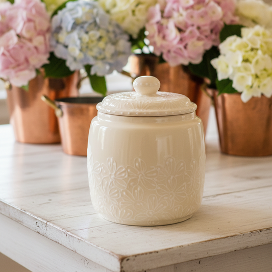 An off-white ceramic cookie jar with embossed floral detailing and a matching lid, displayed on a white wooden table with copper pots of pink and white hydrangeas in the background.