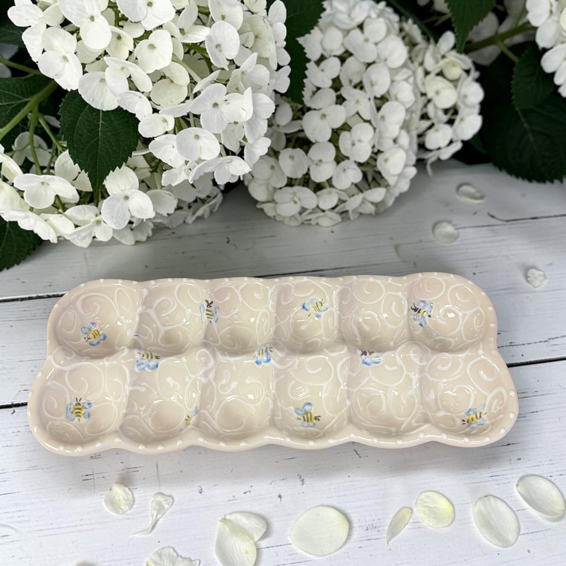 Bee Hand-painted on Ceramic Egg Tray - Made in Canada - Ladybird Ceramics