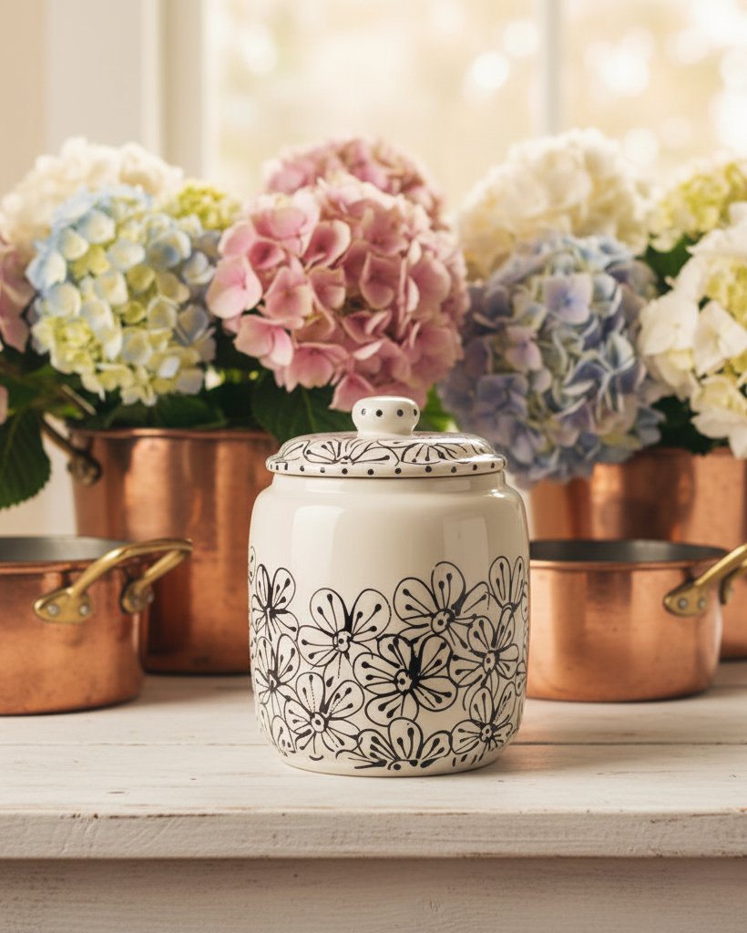 A black and white ceramic lidded jar with black floral line art sits on a white wooden table, styled with copper pots and pastel hydrangeas in the background.