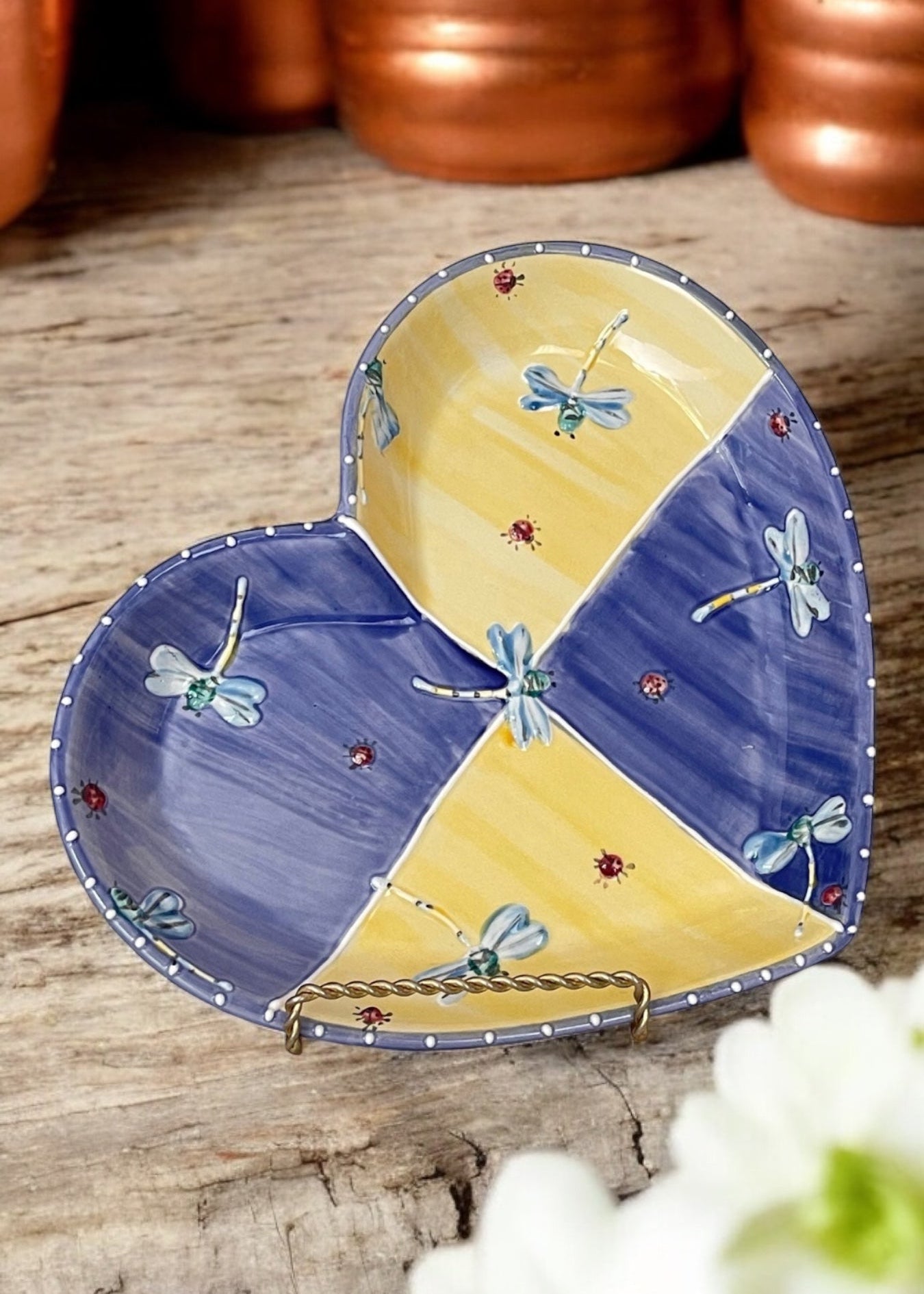 blue and yellow check heart ceramic plate 