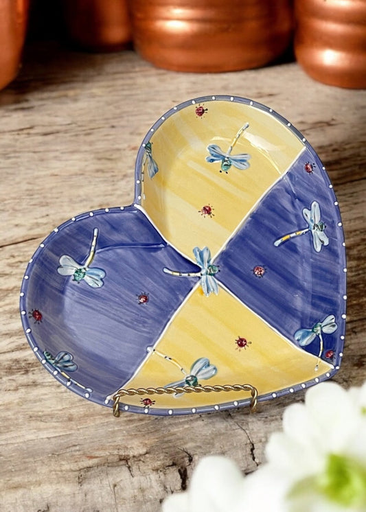 blue and yellow check heart ceramic plate 