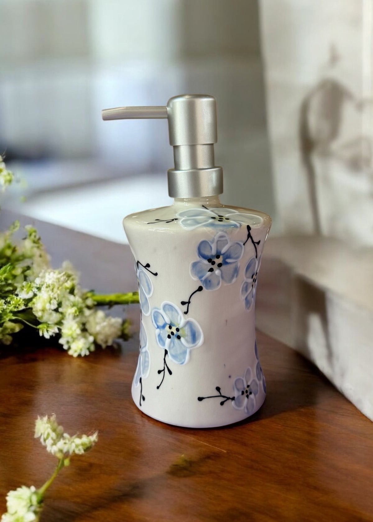 blue cherry blossom ceramic hand soap dispenser 