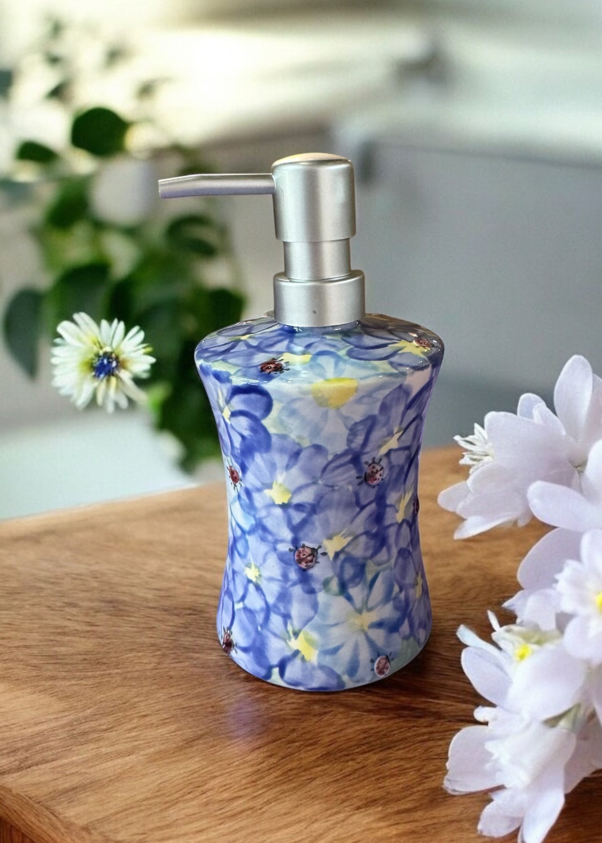 blue daisy ceramic hand soap dispenser 