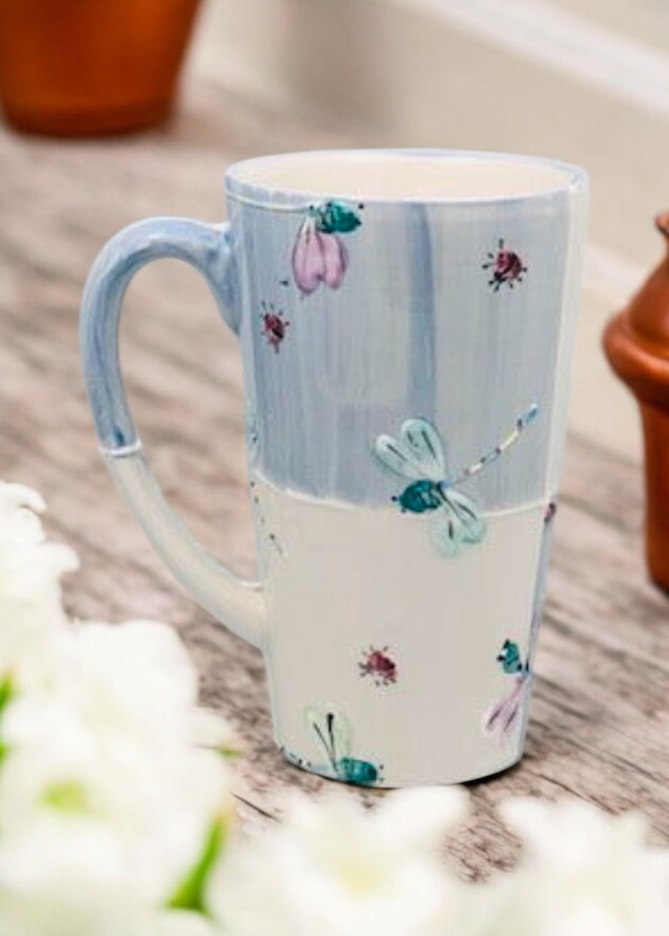multi dragonfly tall mug ladybird ceramics