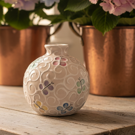 A small round ceramic vase with a textured bubble pattern and hand-painted pastel flowers, displayed on a rustic wooden table with copper planters and pink, blue, and purple hydrangeas in the background.