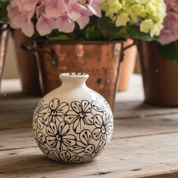 A small white ceramic vase with a black floral line pattern sits on a rustic wooden table, with blurred pink, blue, and green hydrangeas in copper planters behind it.