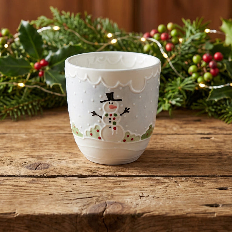 Large 24 oz holiday mug hand-painted with a snowman in a top hat, green bushes with red berries and raised snowy details, Snowman design, Ladybird Ceramics