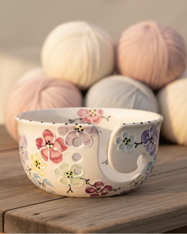 A ceramic knitting bowl with a floral pattern, placed on a wooden surface with soft pink and cream yarn balls blurred in the background.