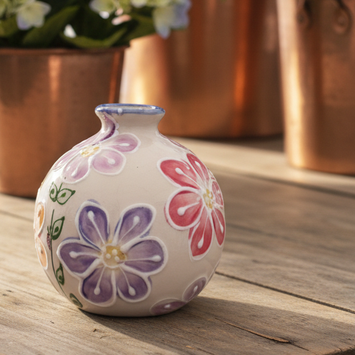 A small round ceramic vase with a narrow neck, decorated with colorful hand-painted flowers in purple, pink, and green on a cream background, set on a rustic wooden table with blurred copper planters and flowers behind it.
