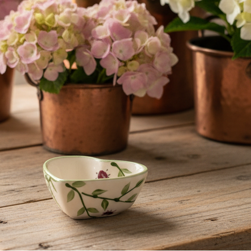 A small white ceramic bowl with a green leafy vine pattern sits on a rustic wooden table, with copper planters and pink and white hydrangeas blurred in the background.