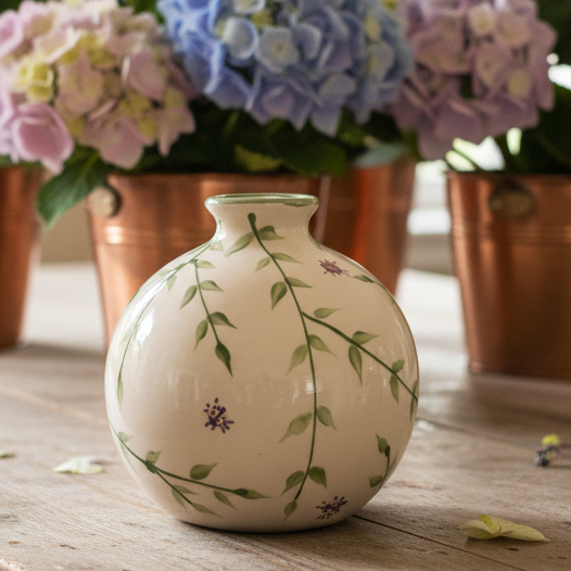 A small round ceramic vase with a cream base, decorated with green leafy vines and tiny purple flowers, sitting on a rustic wooden table. In the background, copper planters hold large, colorful hydrangea blooms in shades of blue, pink, and green.