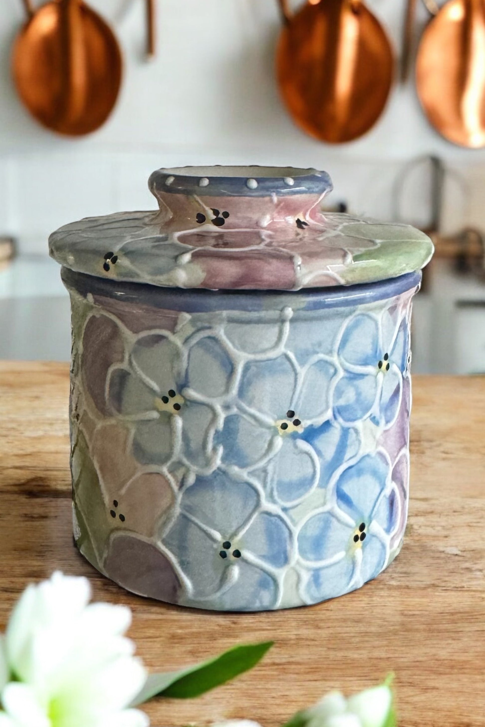 hydrangea butter crock handpainted
