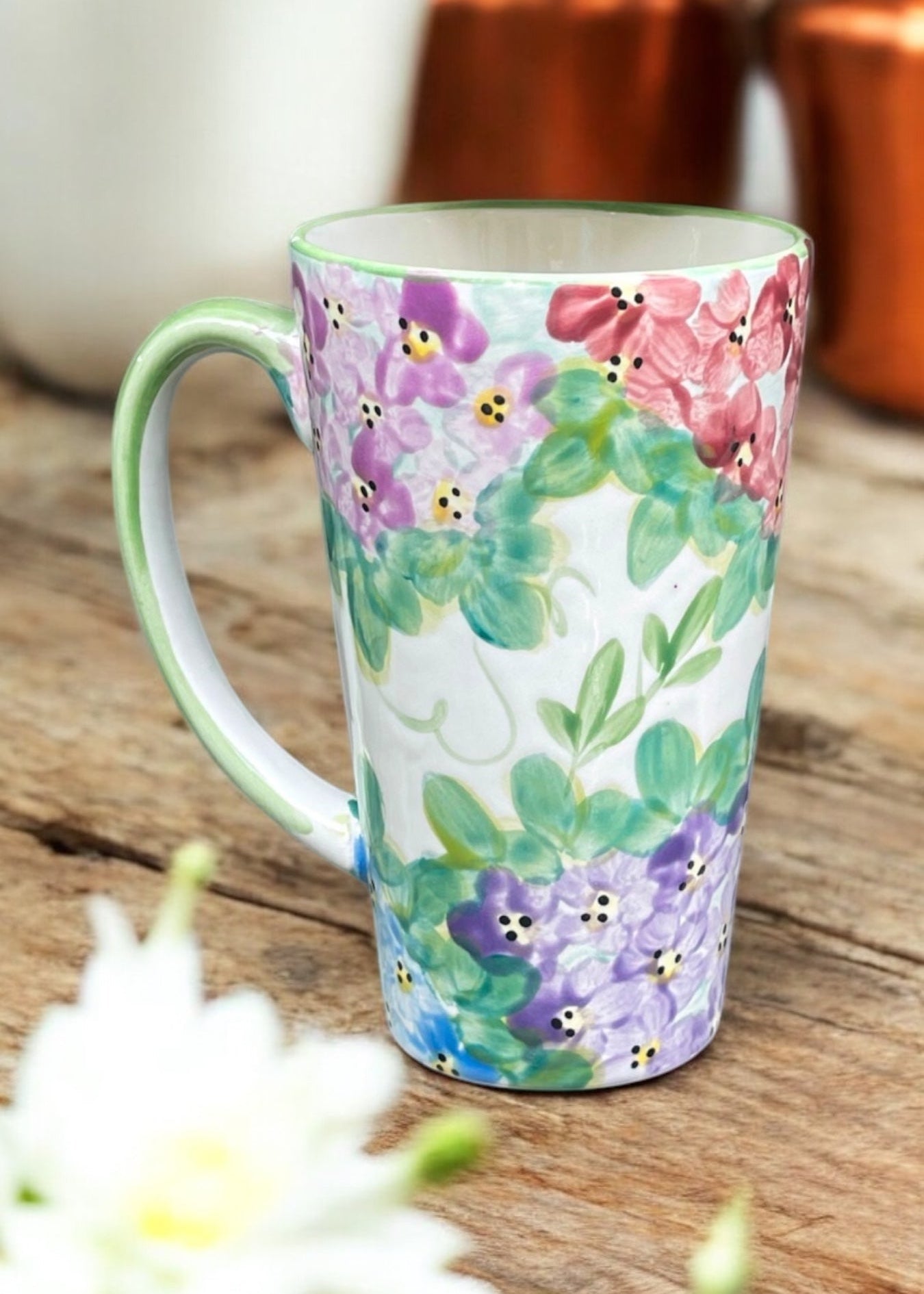 hydrangea tall mug handpainted by Ladybird Ceramics Brand