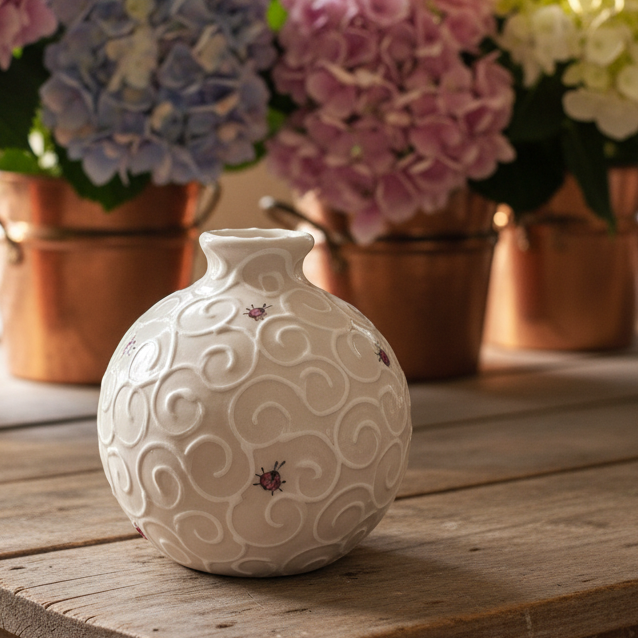 A small white ceramic vase with an embossed swirling pattern and tiny floral details, displayed on a rustic wooden table with blurred pink, blue, and white hydrangeas in copper pots behind it.