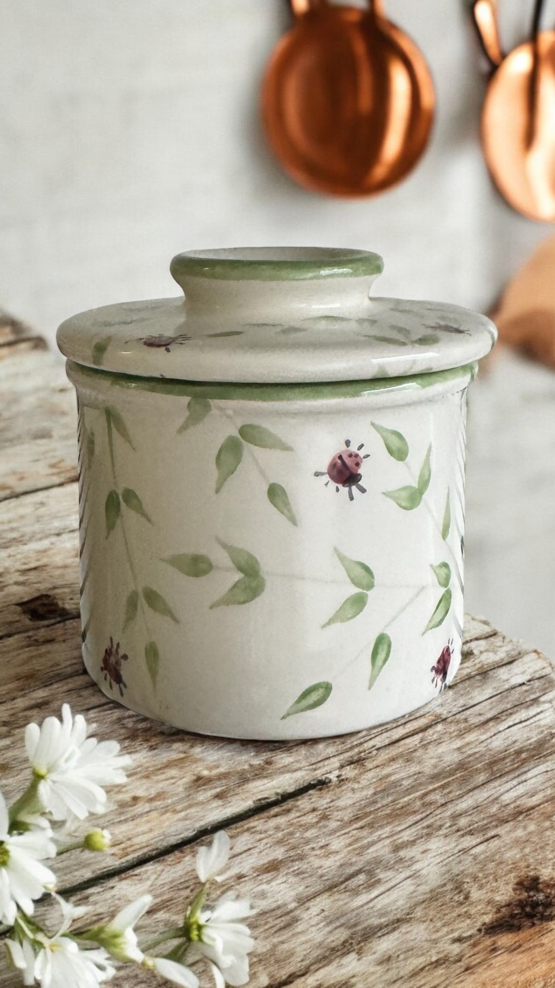 green and ladybug berry butter crockery