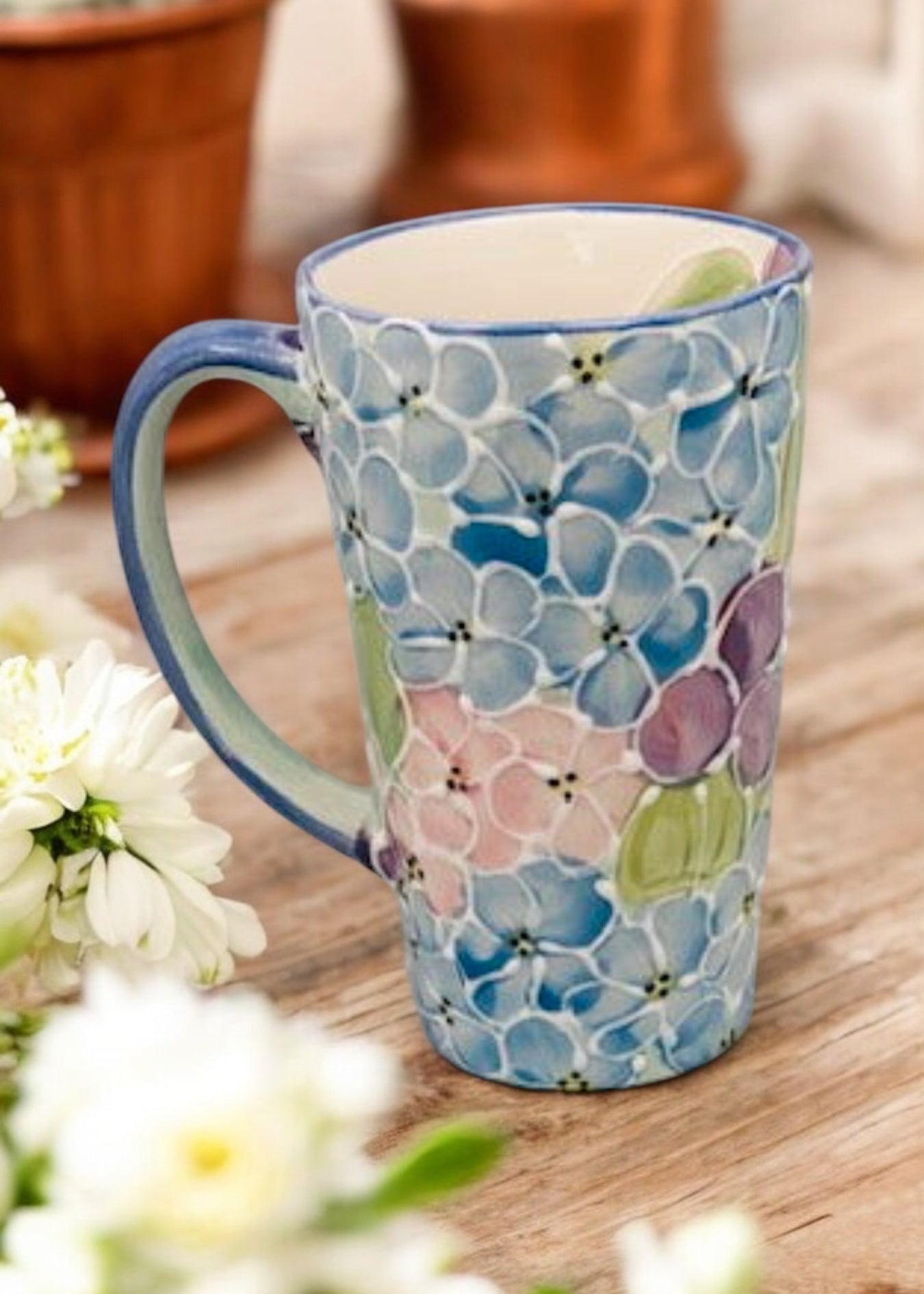 new hydrangea tall mug handpainted - Ladybird Ceramics 