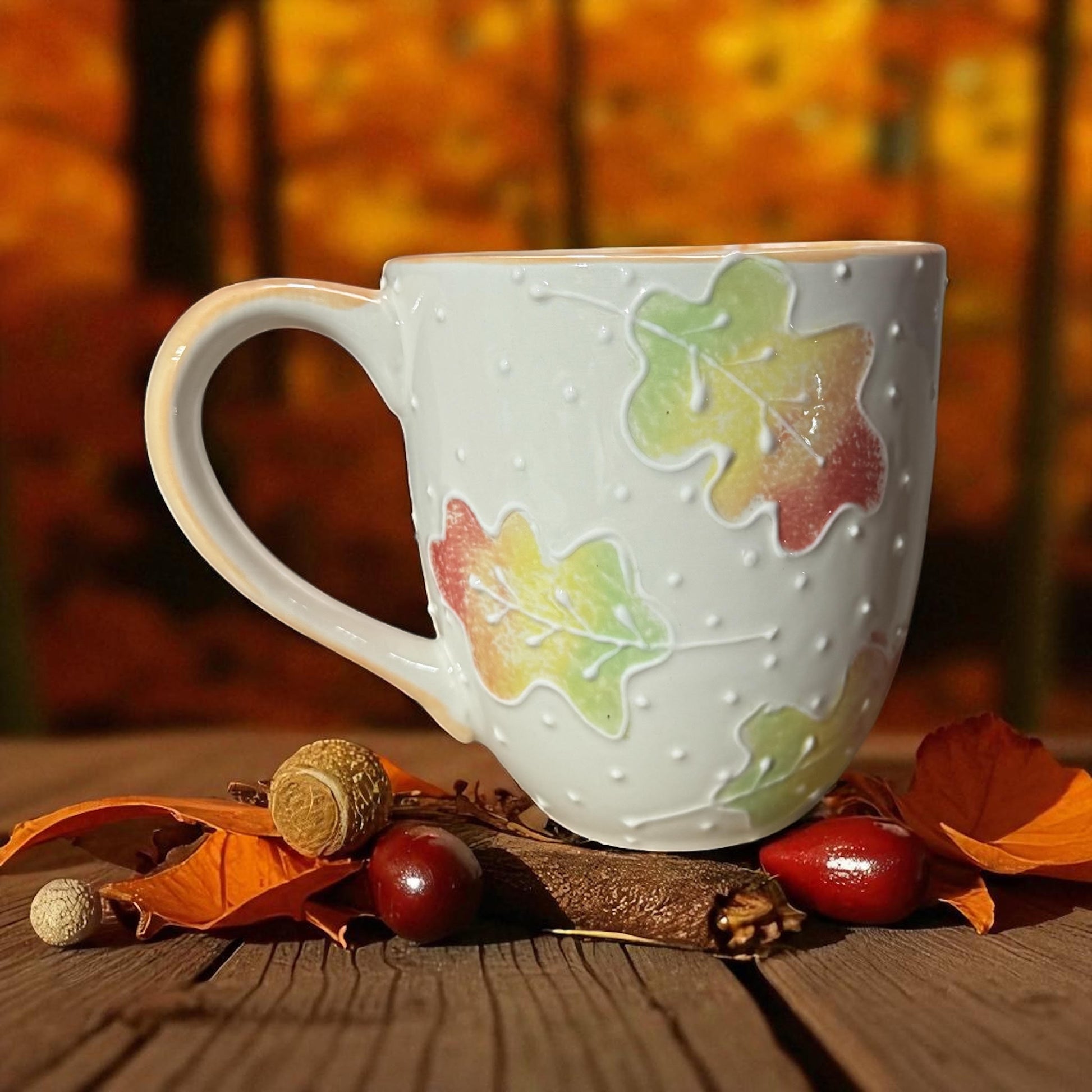 fall leaves oversized ceramic mug, handpainted orignal design by Ladybird Ceramics Canada