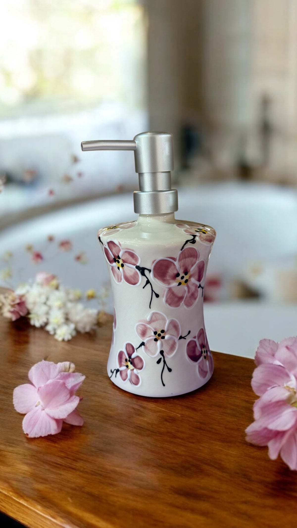 pink  cherry blossom ceramic hand soap dispenser 