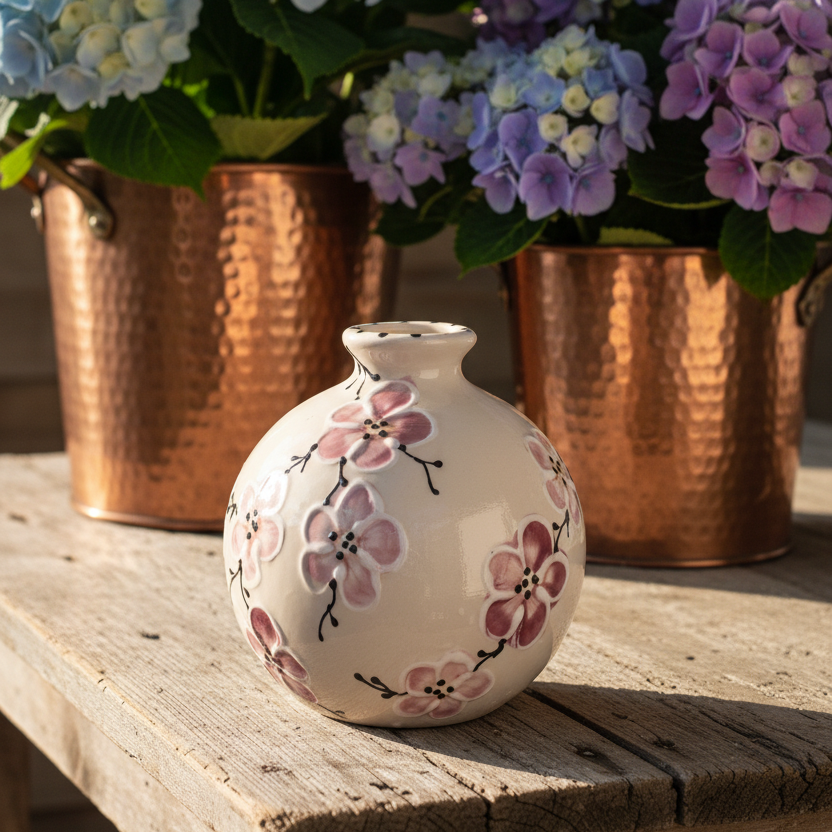 A small round ceramic vase with a cream base and pink floral patterns, placed on a rustic wooden table in front of copper planters holding blue and purple hydrangeas.