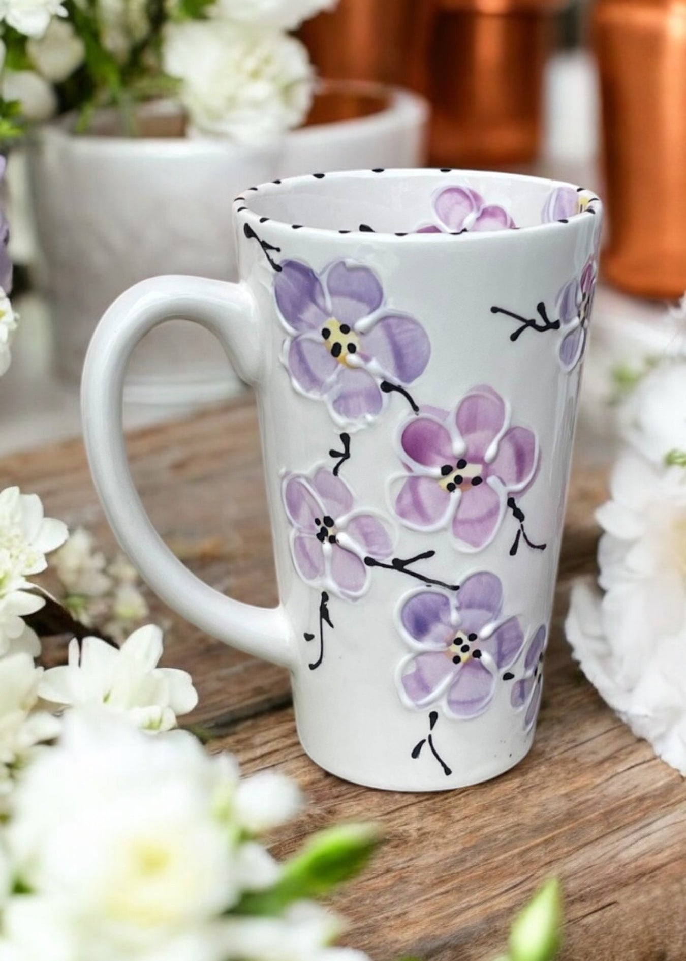 purple cherry blossom tall mug for coffee by Ladybird Ceramics CA
