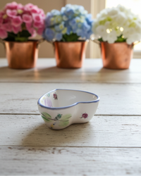 Decorative ceramic bowl with floral design on a wooden surface, with potted flowers in the background.