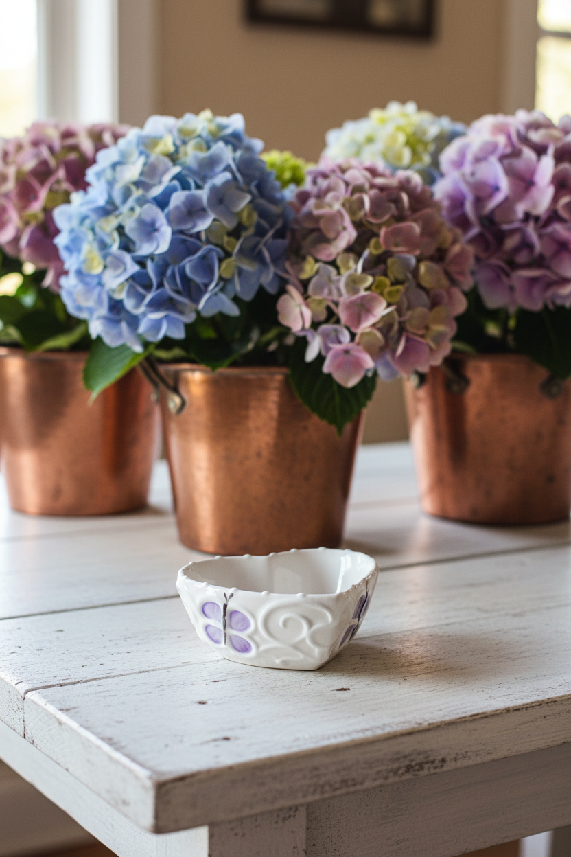 Four potted hydrangeas in copper pots on a wooden table with a decorative bowl.