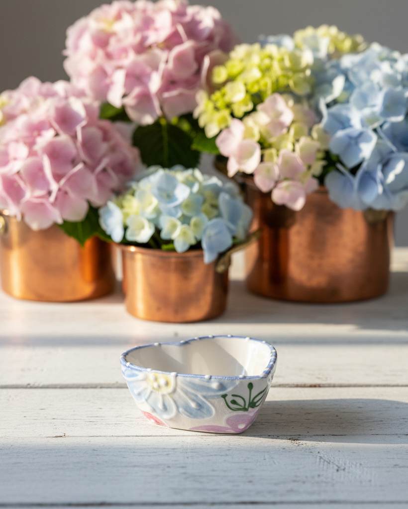Decorative ceramic bowl with floral design in front of pastel-colored hydrangeas in copper pots.