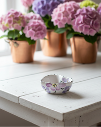 Potted hydrangeas on a white wooden table with a decorative bowl.