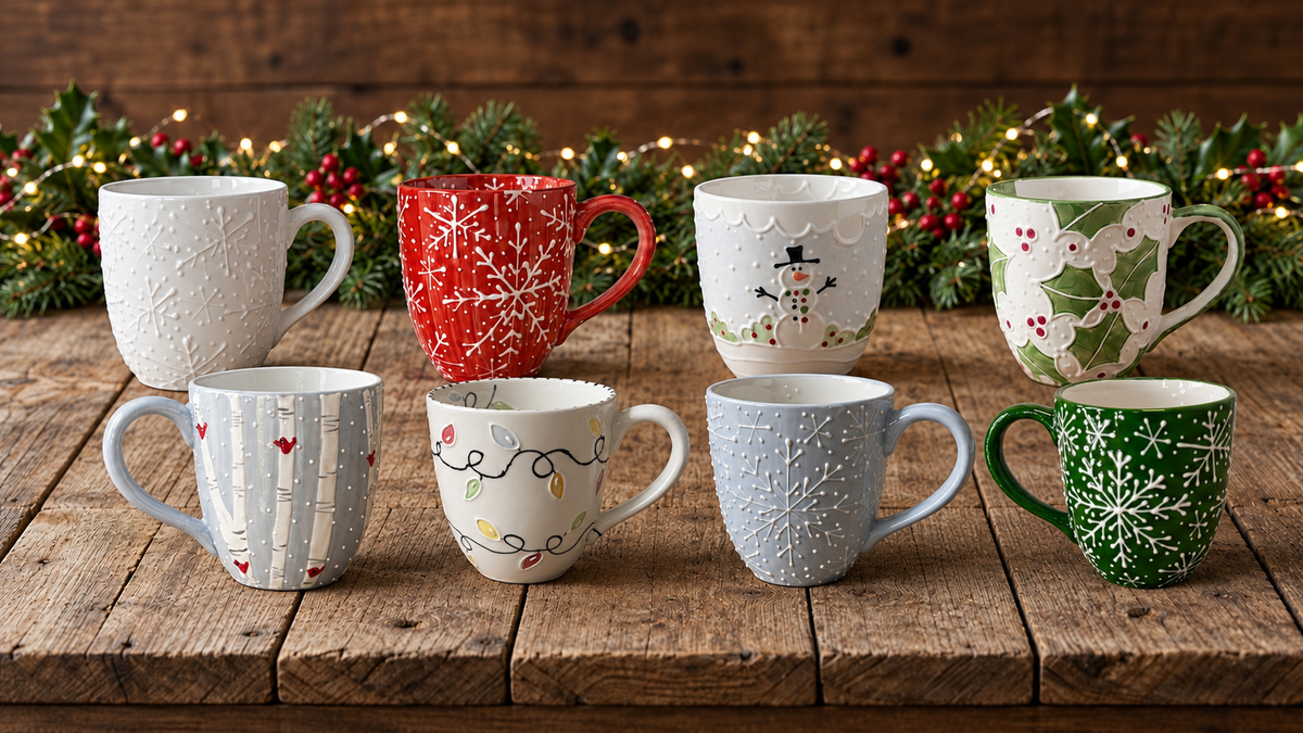 Eight large 24 oz hand-painted holiday mugs on a rustic wood table with evergreen garland and fairy lights, in Cardinal, Snowman, Holly, Christmas Lights, and red, blue, green and white snowflake designs, Ladybird Ceramics