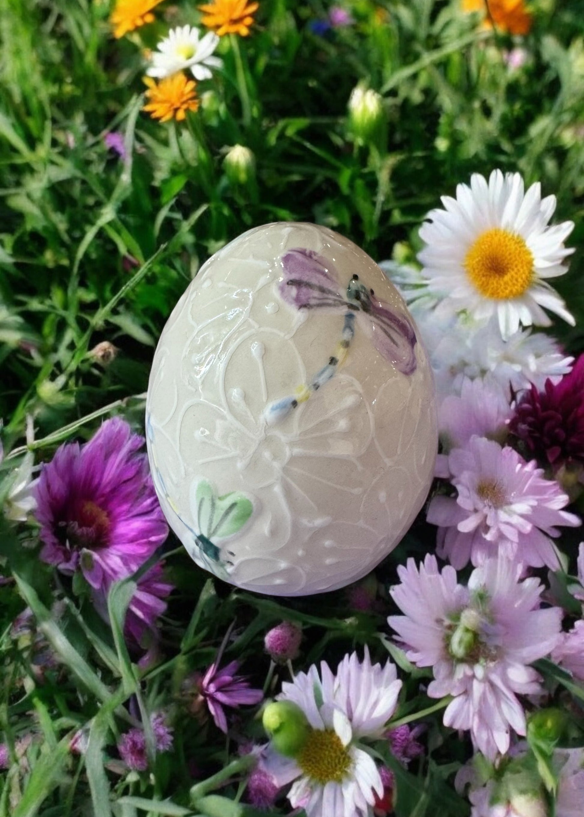 white dragonfly ceramic easter egg 