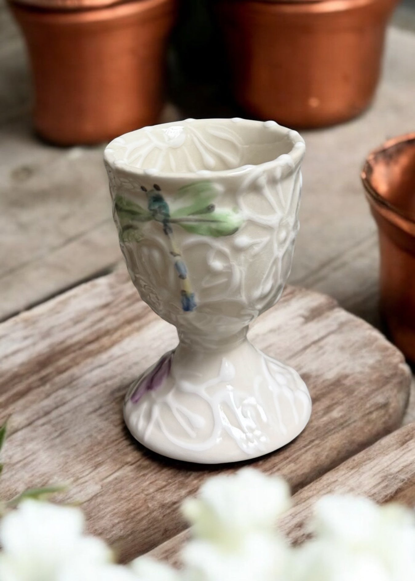 white dragonfly ceramic egg cup