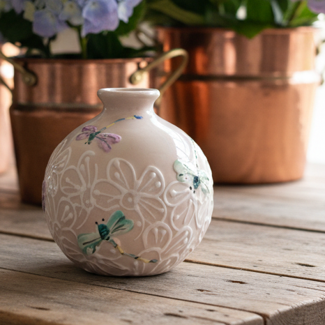 A small round ceramic vase with embossed floral patterns and painted dragonflies, displayed on a rustic wooden table with copper planters and blue hydrangeas in the background.