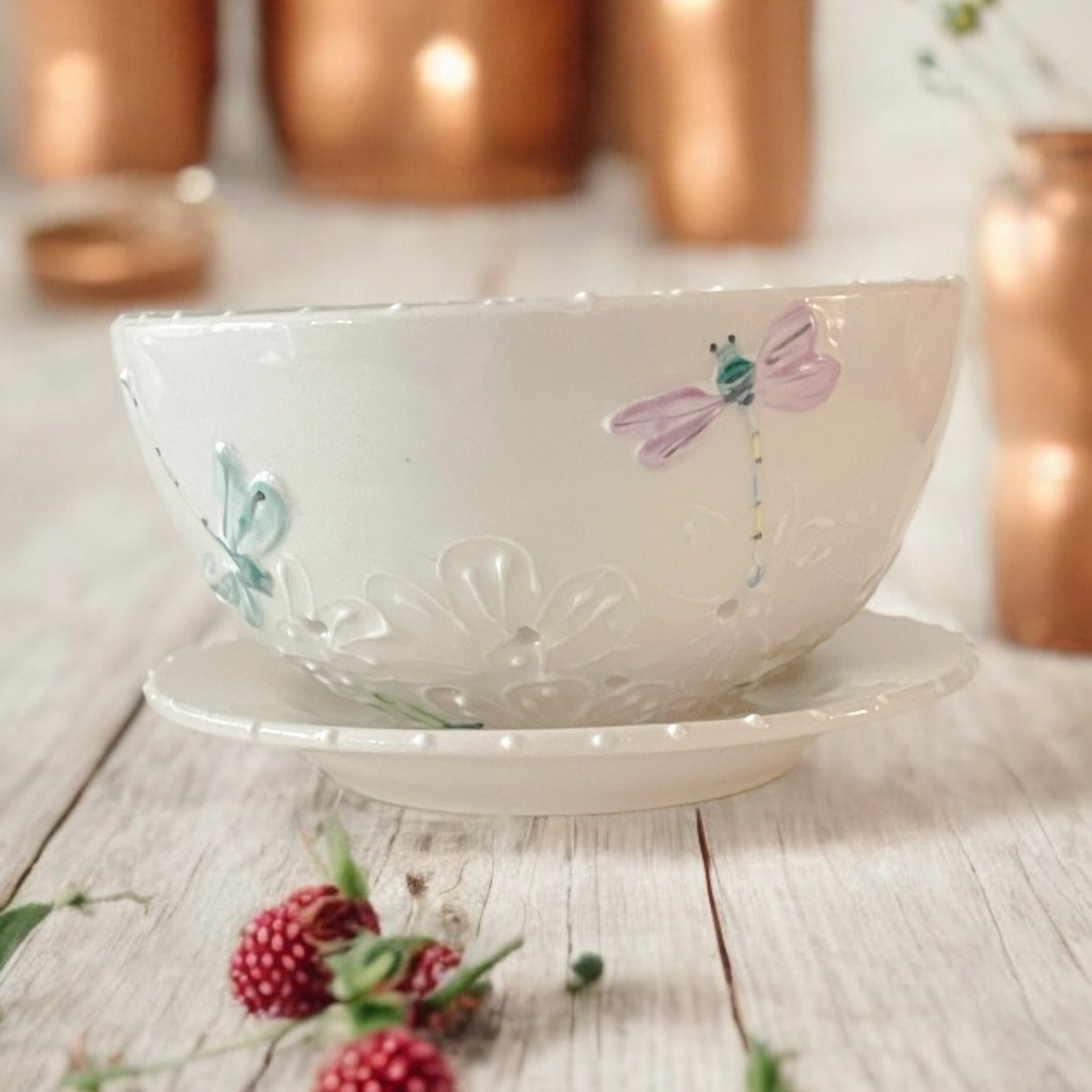 White dragonfly painted - Small Berry Bowl - Ladybird Ceramics