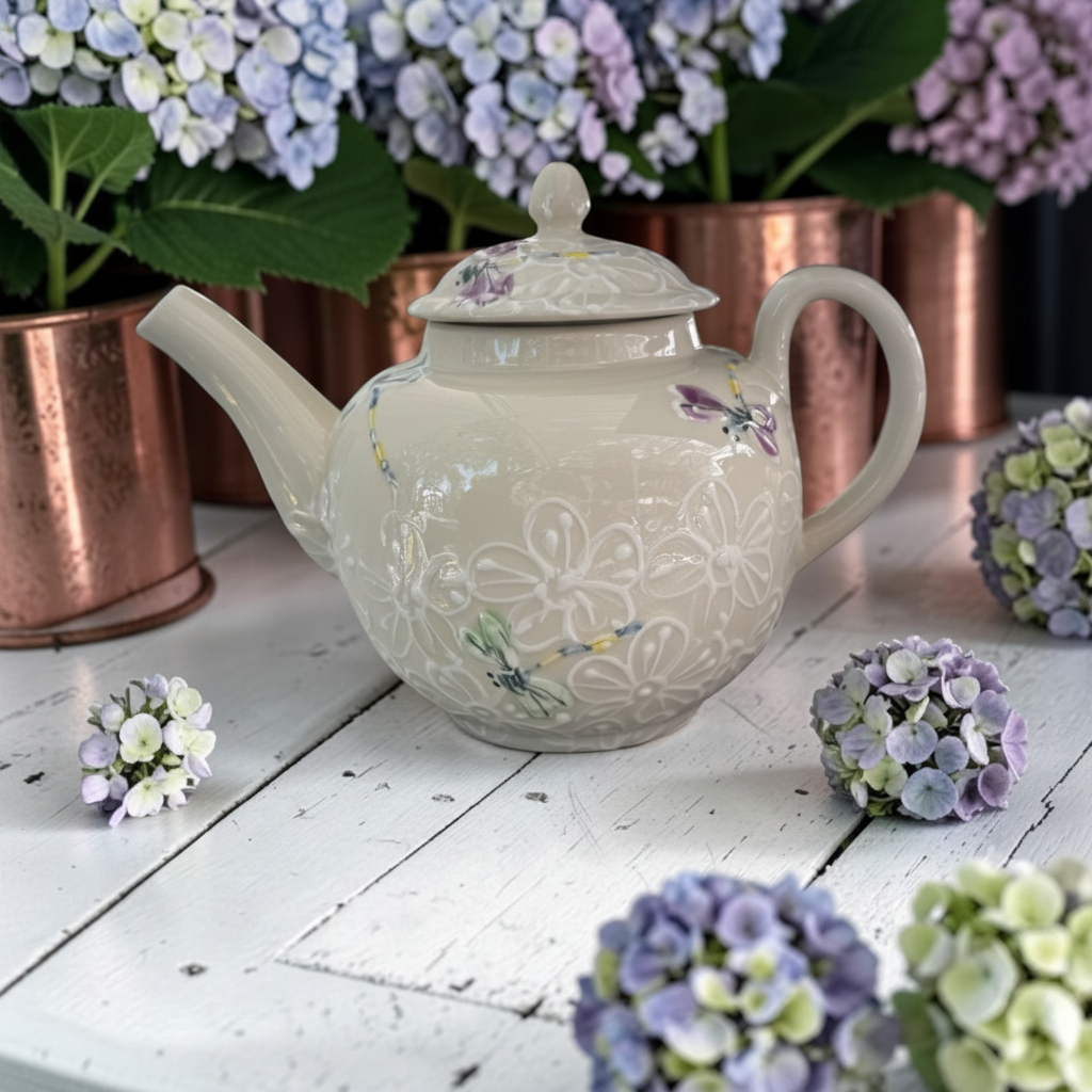 A cream-colored ceramic teapot with embossed floral patterns and small painted flowers, displayed on a white wooden table surrounded by purple hydrangea flowers and copper pots in the background.