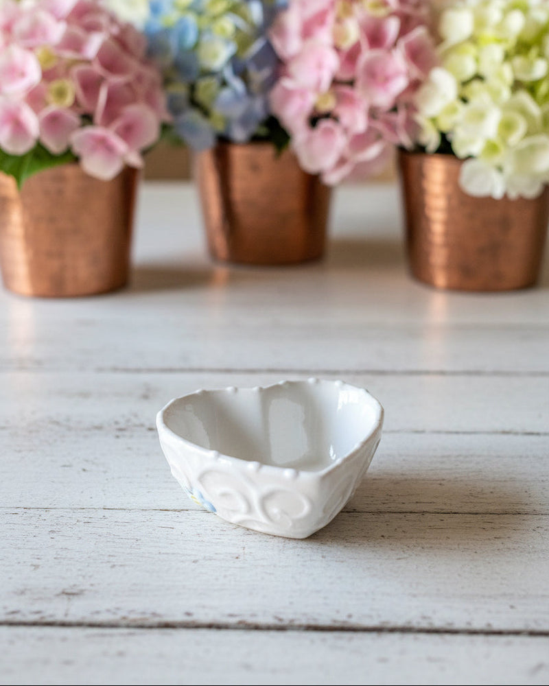 White ceramic bowl with decorative patterns on a white background