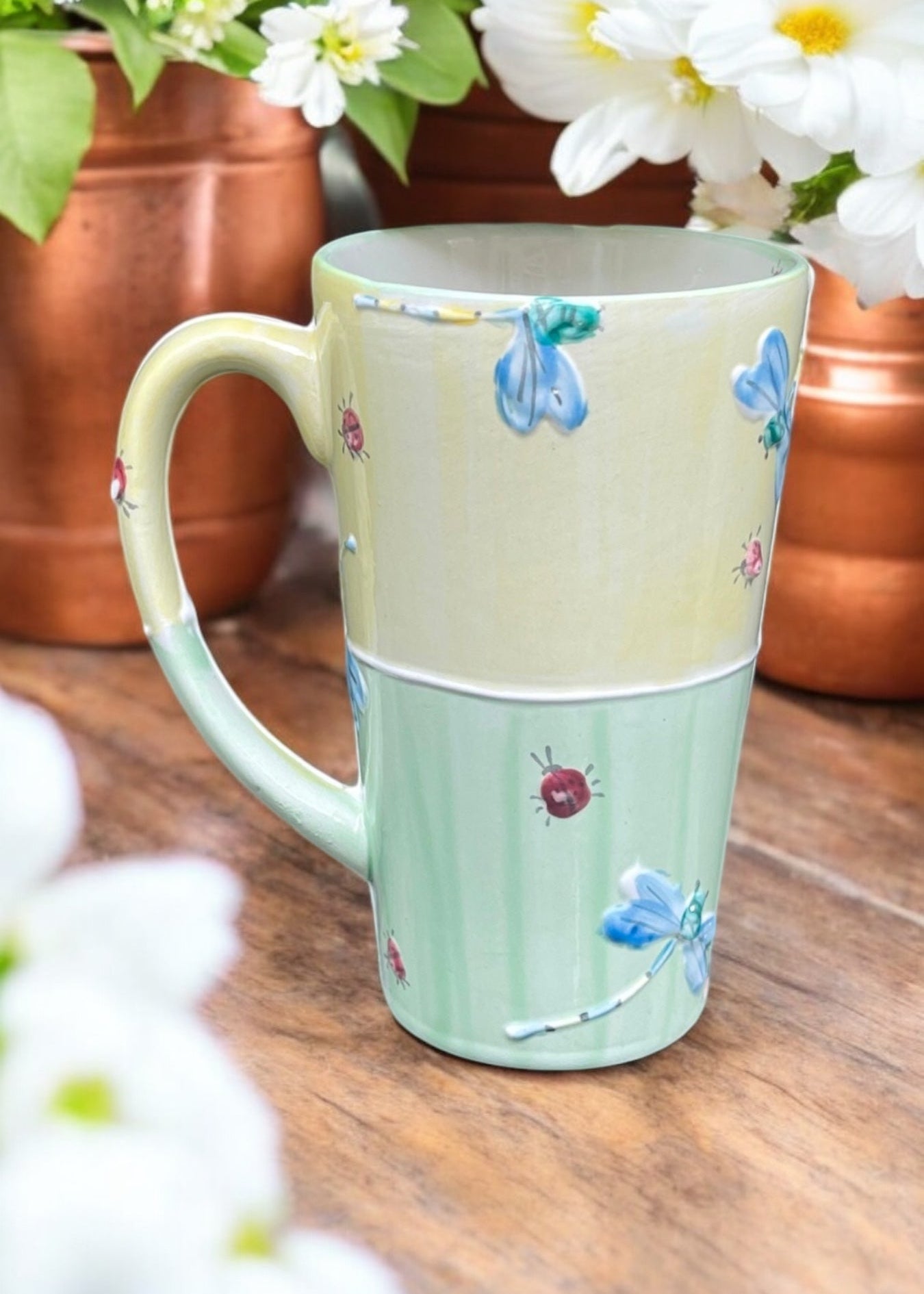 yellow and green check tall mug